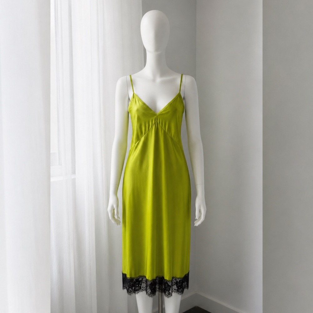 Chartreuse Green Slip Dress w/ Black Lace Hem Midi Small